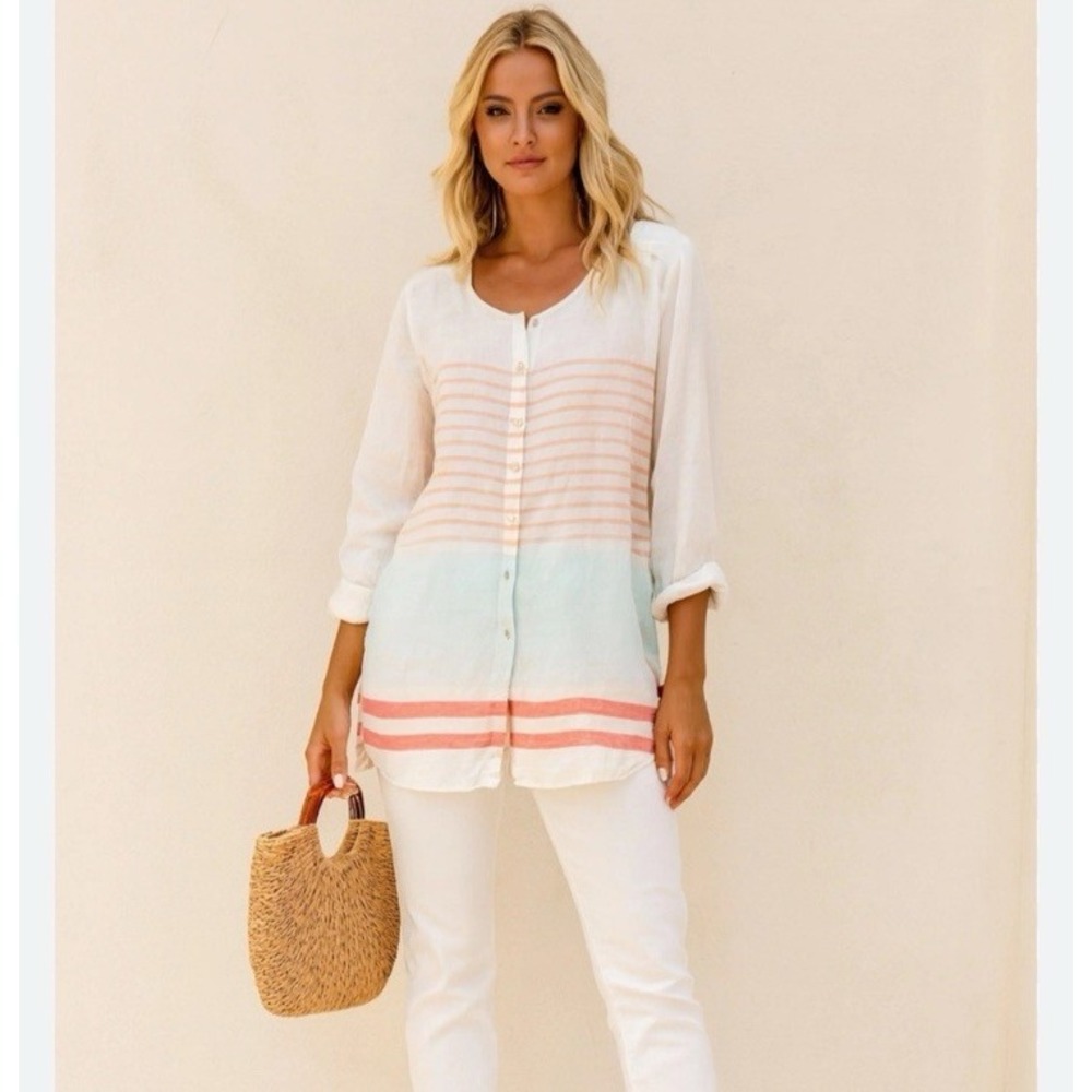 C&C California Linen Shirt 2X Ivory Striped Tab Sleeves Tunic Collarless Coastal